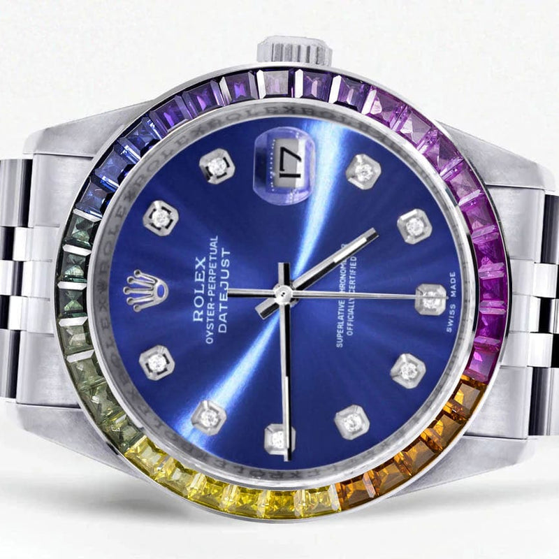 Diamond Gold Rolex Watch For Men 16200 | 36Mm | Rainbow Sapphire Bezel | Blue Dial | Jubilee Band
