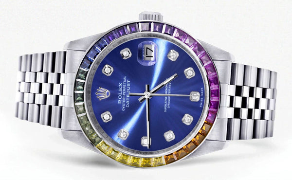 Diamond Gold Rolex Watch For Men 16200 | 36Mm | Rainbow Sapphire Bezel | Blue Dial | Jubilee Band