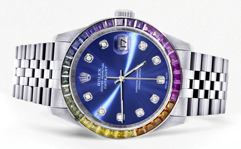 Diamond Gold Rolex Watch For Men 16200 | 36Mm | Rainbow Sapphire Bezel | Blue Dial | Jubilee Band