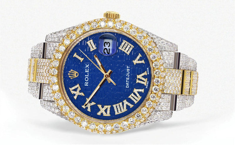 Diamond Iced Out Rolex Datejust 41 | 25 Carats Of Diamonds | Blue Text Pattern Dial | Two Tone | Two Row | Oyster Band