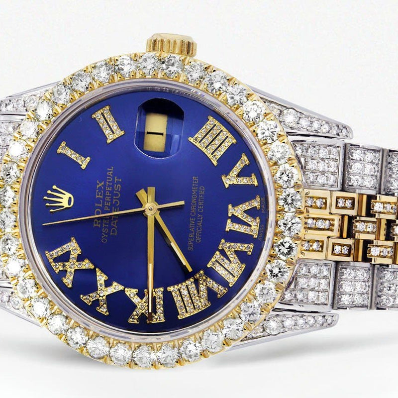 Iced Out Rolex Datejust 36 MM | Two Tone | 10 Carats of Diamonds | Blue Roman Diamond Dial