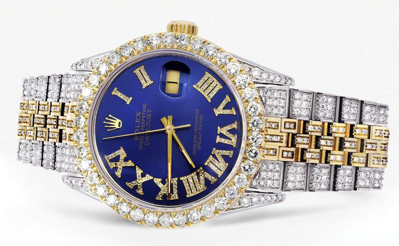 Iced Out Rolex Datejust 36 MM | Two Tone | 10 Carats of Diamonds | Blue Roman Diamond Dial