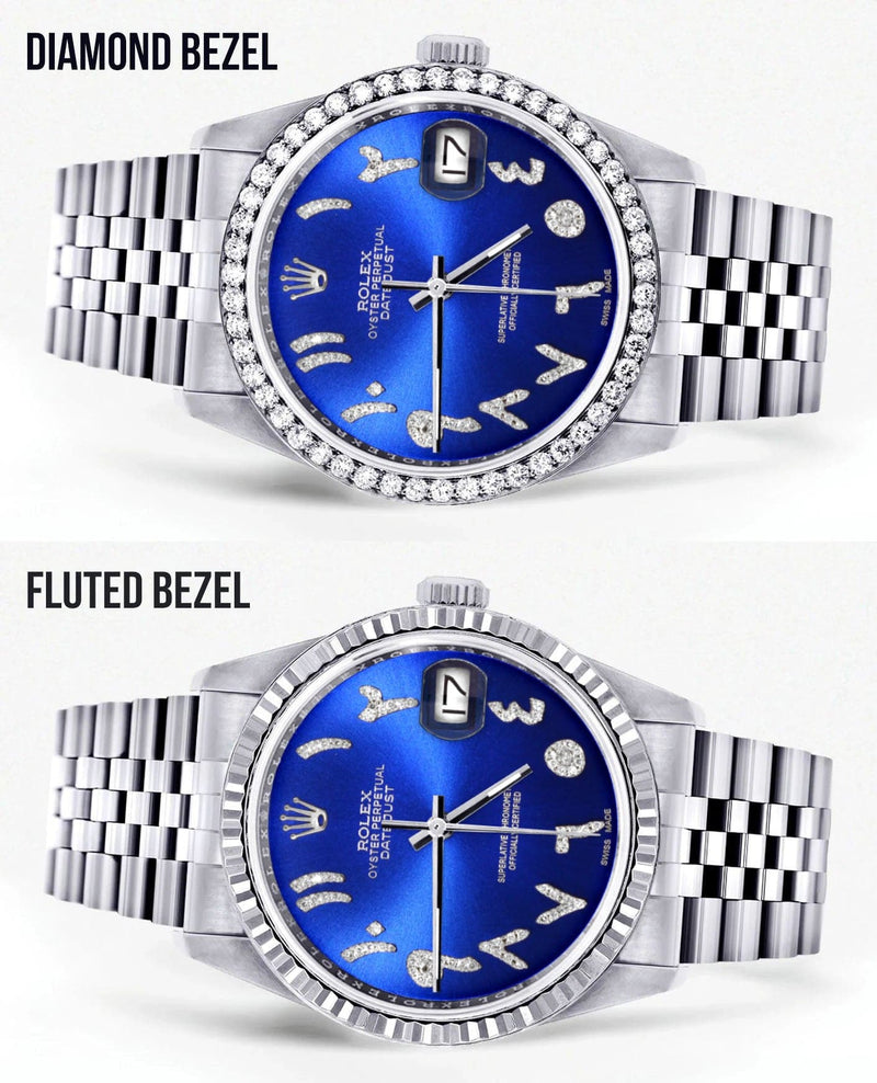 Diamond Mens Rolex Datejust Watch 16200 | 36Mm | Royal Blue Arabic Diamond Dial | Jubilee Band