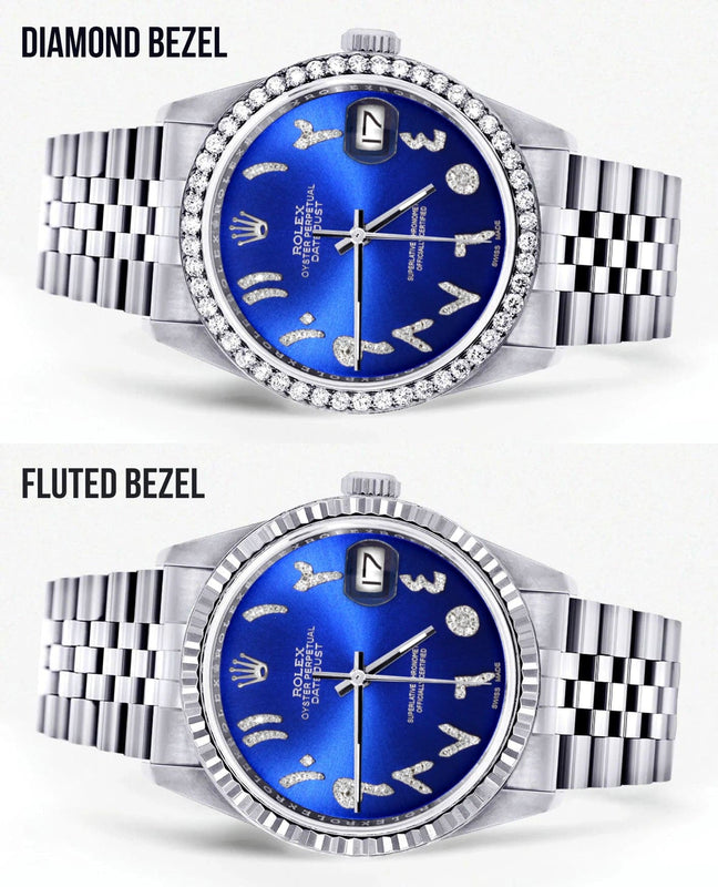 Diamond Mens Rolex Datejust Watch 16200 | 36Mm | Royal Blue Arabic Diamond Dial | Jubilee Band