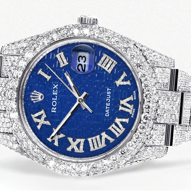 Womens Diamond Iced Out Rolex Datejust 41 | 25 Carats Of Diamonds | Blue Text Pattern Dial | Two Row | Oyster Band