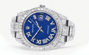 Womens Diamond Iced Out Rolex Datejust 41 | 25 Carats Of Diamonds | Blue Text Pattern Dial | Two Row | Oyster Band