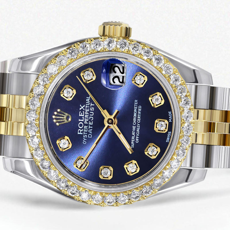 Womens Diamond Gold Hidden Clasp Rolex Watch | 1 Carat Bezel | 26Mm | Blue Dial | Jubilee Band | Model 179173