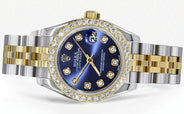 Womens Diamond Gold Hidden Clasp Rolex Watch | 1 Carat Bezel | 26Mm | Blue Dial | Jubilee Band | Model 179173
