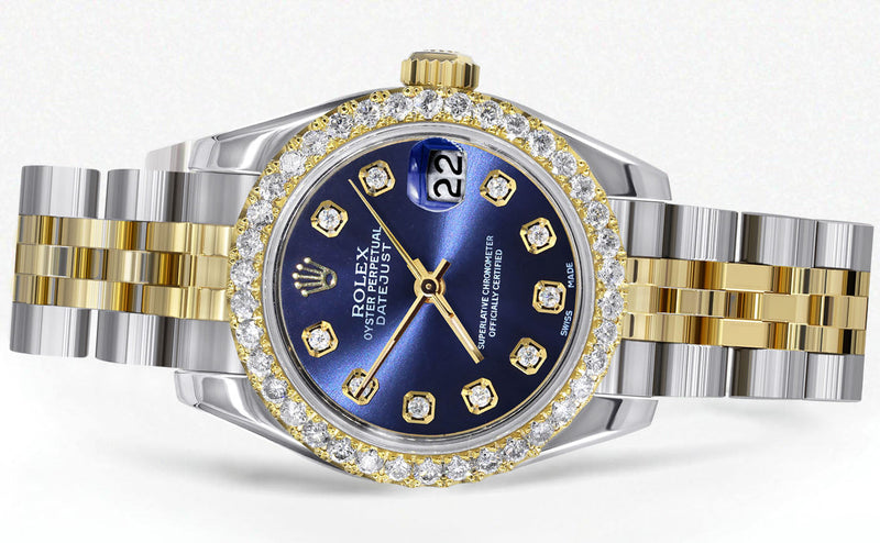 Womens Diamond Gold Hidden Clasp Rolex Watch | 1 Carat Bezel | 26Mm | Blue Dial | Jubilee Band | Model 179173