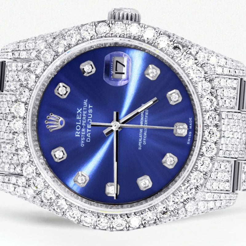 Iced Out Rolex Datejust 36 MM | Stainless Steel | 16.5 Carats of Diamonds | Blue Diamond Dial | Oyster Band | Model 116200