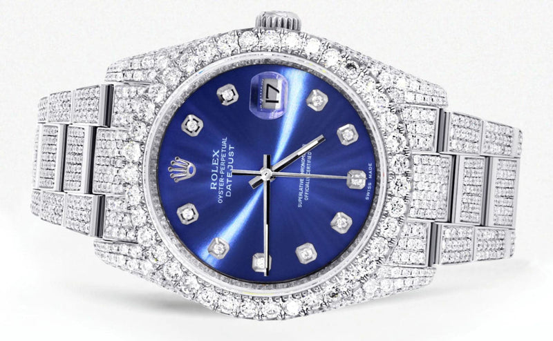 Iced Out Rolex Datejust 36 MM | Stainless Steel | 16.5 Carats of Diamonds | Blue Diamond Dial | Oyster Band | Model 116200
