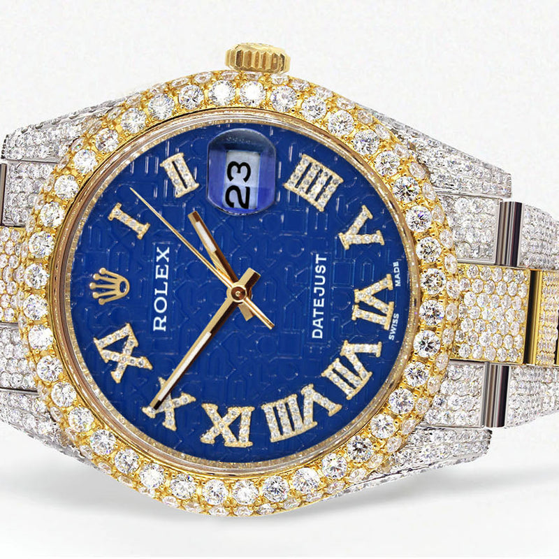 Womens Diamond Iced Out Rolex Datejust 41 | 25 Carats Of Diamonds | Blue Text Pattern Dial | Two Tone | Two Row | Oyster Band