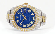 Womens Diamond Iced Out Rolex Datejust 41 | 25 Carats Of Diamonds | Blue Text Pattern Dial | Two Tone | Two Row | Oyster Band