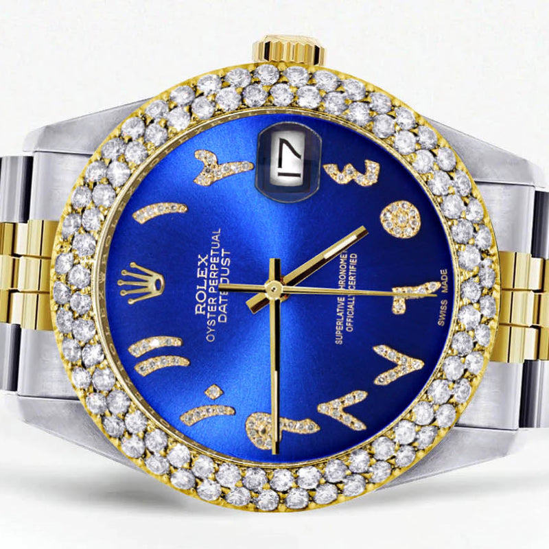 Diamond Gold Rolex Watch For Women 16233 | 36Mm | Blue Arabic Diamond Dial | Two Row 4.25 Carat Bezel | Jubilee Band