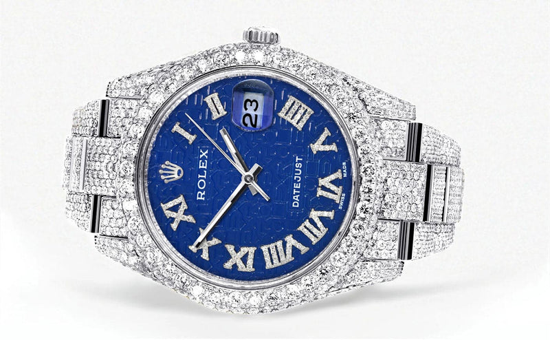 Diamond Iced Out Rolex Datejust 41 | 25 Carats Of Diamonds | Blue Text Pattern Dial | Two Row | Oyster Band