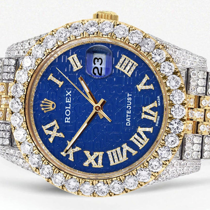 Diamond Iced Out Rolex Datejust 41 | 25 Carats Of Diamonds | Custom Blue Text Pattern Dial | Two Tone | Jubilee Band