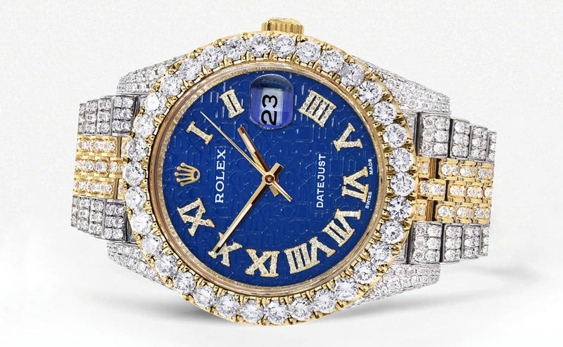 Diamond Iced Out Rolex Datejust 41 | 25 Carats Of Diamonds | Custom Blue Text Pattern Dial | Two Tone | Jubilee Band