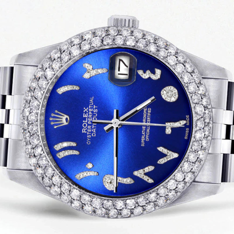 Womens Rolex Datejust Watch 16200 | 36Mm | Royal Blue Arabic Diamond Dial | Two Row 4.25 Carat Bezel | Jubilee Band