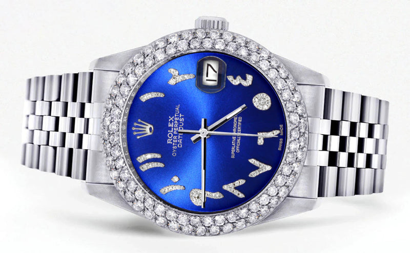 Womens Rolex Datejust Watch 16200 | 36Mm | Royal Blue Arabic Diamond Dial | Two Row 4.25 Carat Bezel | Jubilee Band