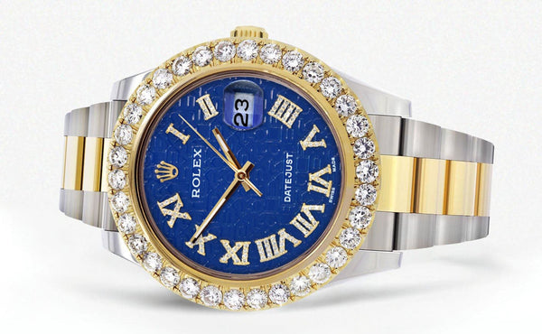 Rolex Datejust II Watch | 41 MM | 18K Yellow Gold & Stainless Steel | Custom Blue Text Pattern Roman Dial | Oyster Band