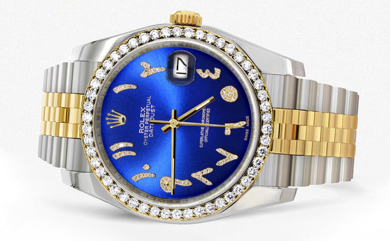 116233 | Hidden Clasp | Gold & Steel Rolex Datejust Watch | 36Mm | Royal Blue Arabic Diamond Dial | Jubilee Band