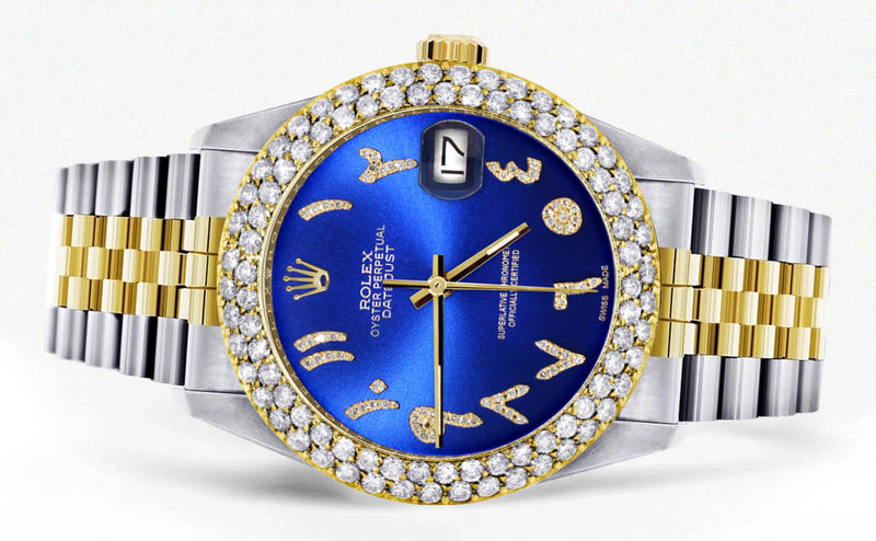 Diamond Gold Rolex Watch For Men 16233 | 36Mm | Blue Arabic Diamond Dial | Two Row 4.25 Carat Bezel | Jubilee Band