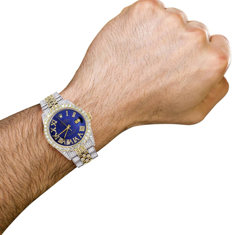 Iced Out Rolex Datejust 36 MM | Two Tone | 10 Carats of Diamonds | Blue Roman Diamond Dial