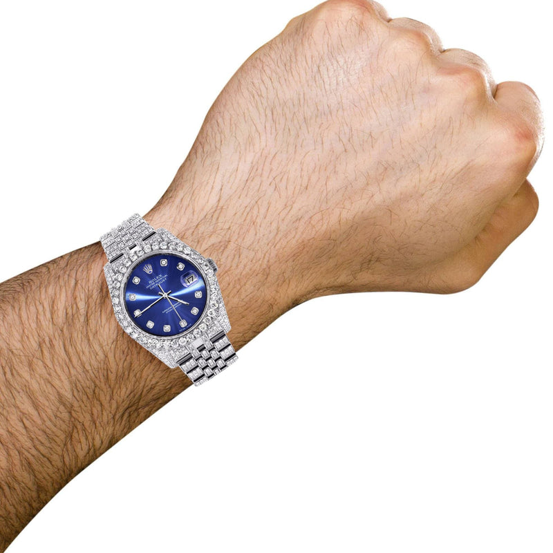 Iced Out Rolex Datejust 36 MM | Stainless Steel | 16.5 Carats of Diamonds | Blue Diamond Dial | Jubilee Band | Model 116200