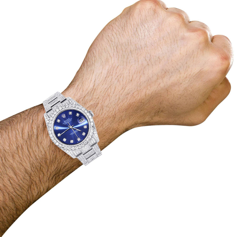Iced Out Rolex Datejust 36 MM | Stainless Steel | 16.5 Carats of Diamonds | Blue Diamond Dial | Oyster Band | Model 116200
