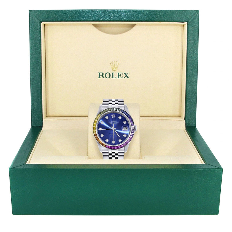 Diamond Gold Rolex Watch For Men 16200 | 36Mm | Rainbow Sapphire Bezel | Blue Dial | Jubilee Band