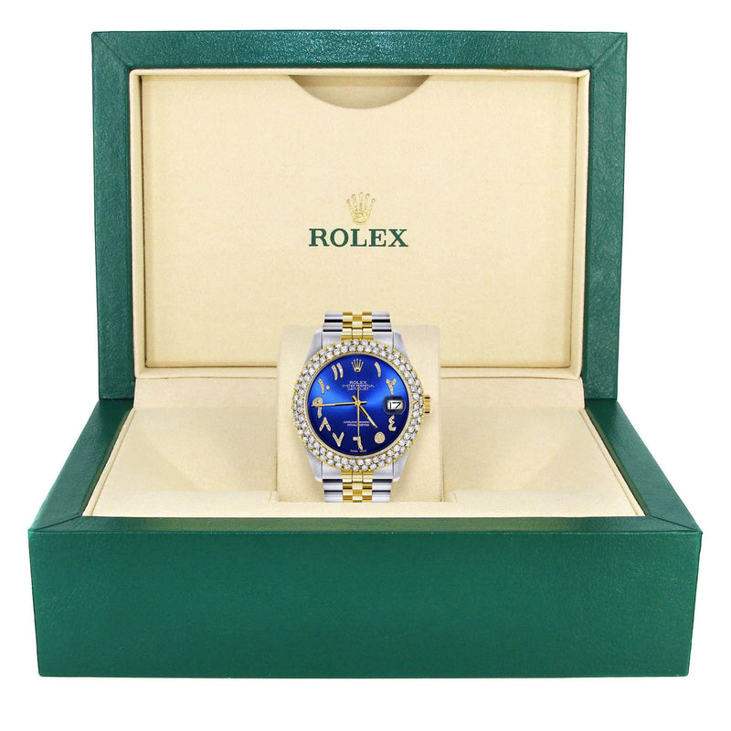 Diamond Gold Rolex Watch For Men 16233 | 36Mm | Blue Arabic Diamond Dial | Two Row 4.25 Carat Bezel | Jubilee Band