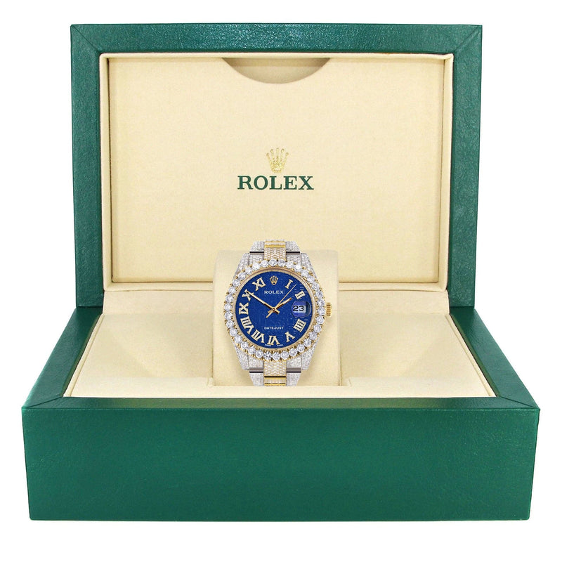 Diamond Iced Out Rolex Datejust 41 | 25 Carats Of Diamonds | Custom Blue Text Pattern Dial | Two Tone | Oyster Band