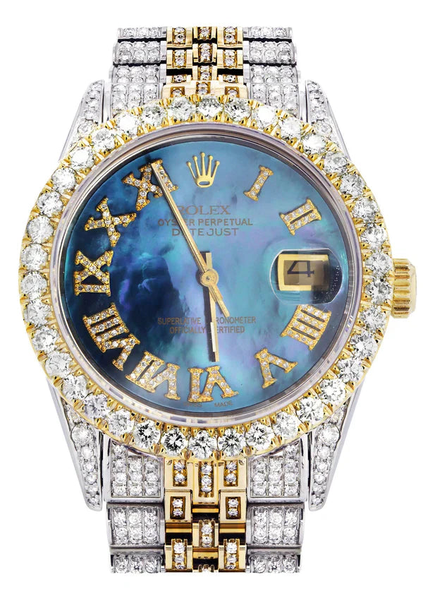 Iced Out Rolex Datejust | 36MM | Blue Mother of Pearl Roman Diamond Dial | Two Tone | Diamond Jubilee Band | 10 Carats of Diamonds
