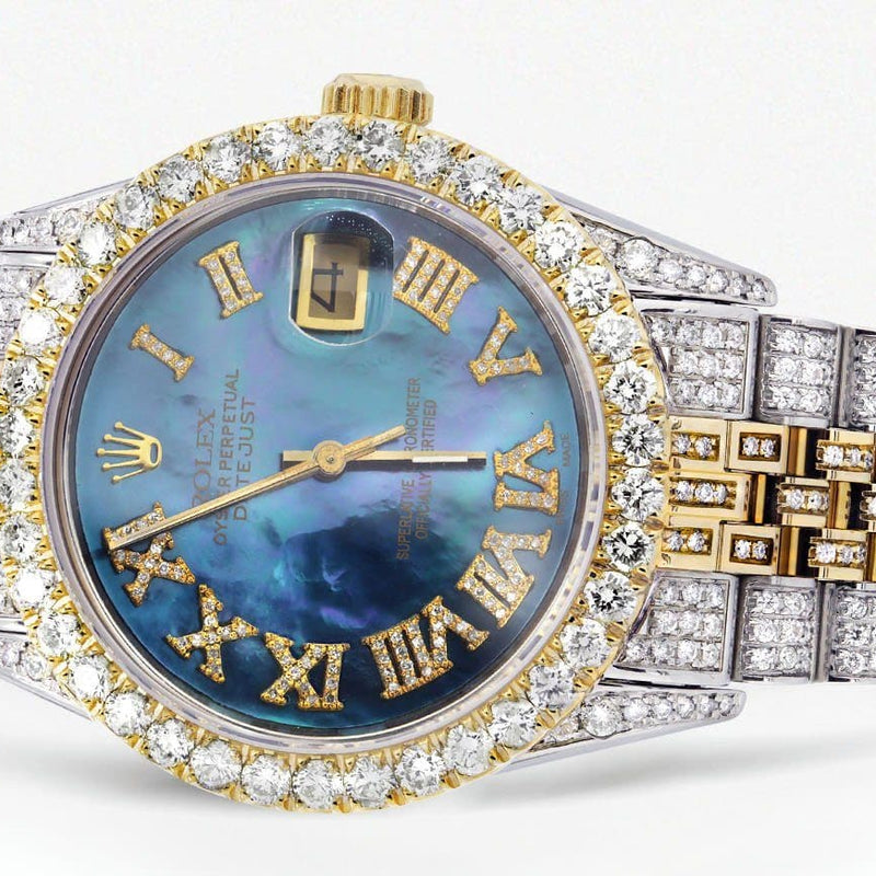 Iced Out Rolex Datejust 36 MM | Two Tone | 10 Carats of Diamonds | Blue Mother of Pearl Roman Diamond Dial