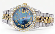 Iced Out Rolex Datejust 36 MM | Two Tone | 10 Carats of Diamonds | Blue Mother of Pearl Roman Diamond Dial