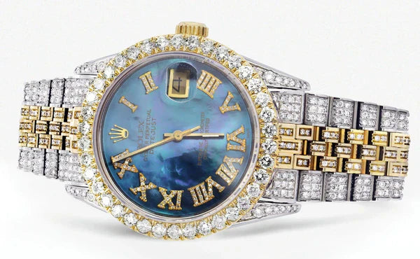 Iced Out Rolex Datejust | 36MM | Blue Mother of Pearl Roman Diamond Dial | Two Tone | Diamond Jubilee Band | 10 Carats of Diamonds