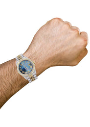 Iced Out Rolex Datejust 36 MM | Two Tone | 10 Carats of Diamonds | Blue Mother of Pearl Roman Diamond Dial