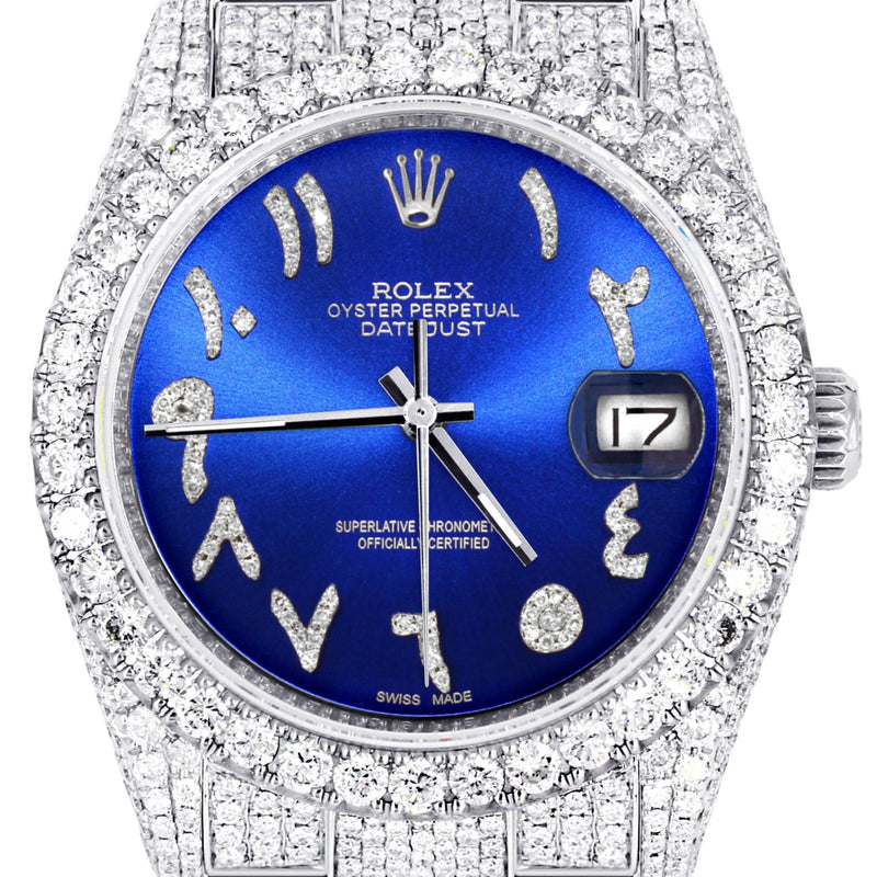 Iced Out Rolex Datejust 36 MM | Stainless Steel | 10 Carats of Diamonds | Blue Arabic Diamond Dial | Oyster Band