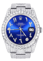 Iced Out Rolex Datejust 36 MM | Stainless Steel | 10 Carats of Diamonds | Blue Arabic Diamond Dial | Oyster Band