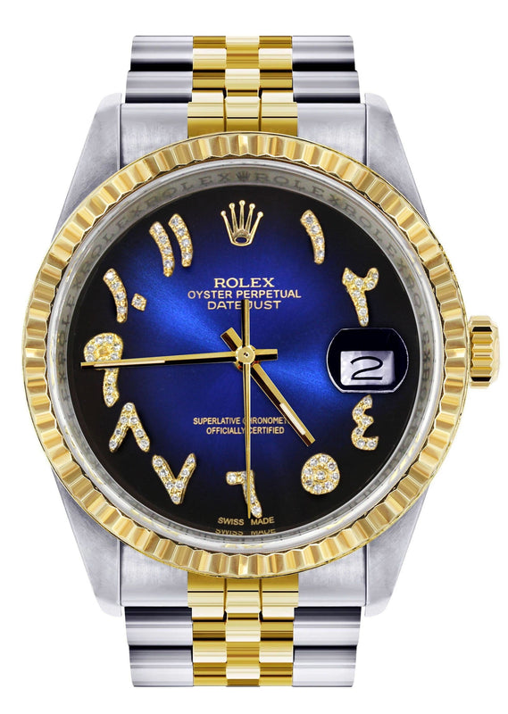 Mens Rolex Datejust Watch 16233 Two Tone | Fluted Bezel | 36Mm | Blue Black Arabic Dial | Jubilee Band