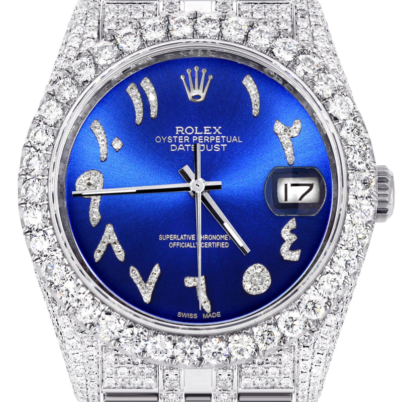 Iced Out Rolex Datejust 36 MM | Stainless Steel | 10 Carats of Diamonds | Blue Arabic Diamond Dial | Jubilee Band
