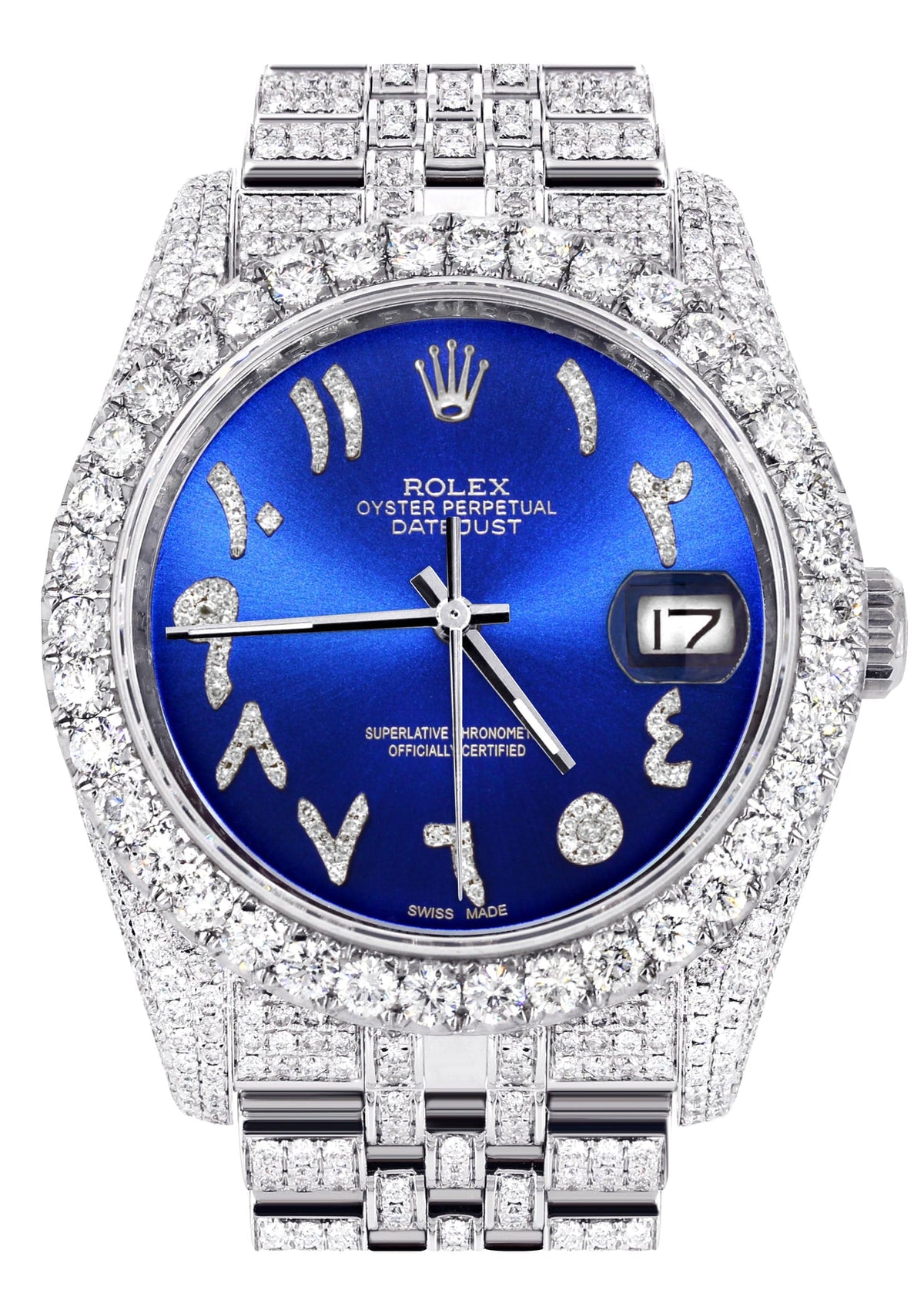Iced Out Rolex Datejust 36 MM | Stainless Steel | 10 Carats of Diamonds | Blue Arabic Diamond Dial | Jubilee Band