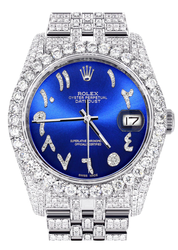 Iced Out Rolex Datejust 36 MM | Stainless Steel | 10 Carats of Diamonds | Blue Arabic Diamond Dial | Jubilee Band