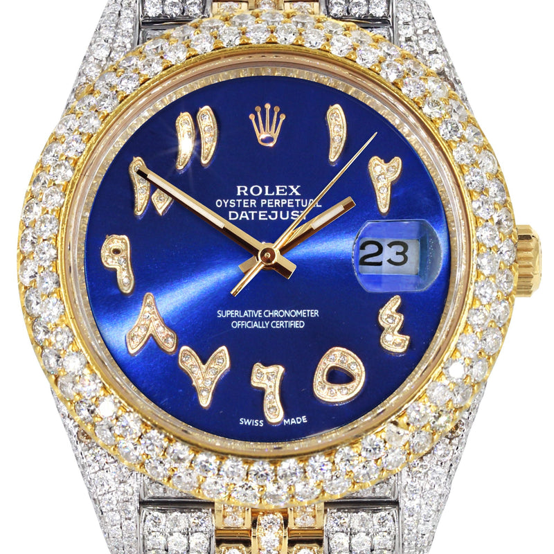 Womens Diamond Iced Out Rolex Datejust 41 | 25 Carats Of Diamonds | Custom Blue Arabic Numeral Diamond Dial | Two Tone | Two Row | Jubilee Band