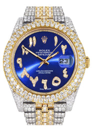 Womens Diamond Iced Out Rolex Datejust 41 | 25 Carats Of Diamonds | Custom Blue Arabic Numeral Diamond Dial | Two Tone | Two Row | Jubilee Band