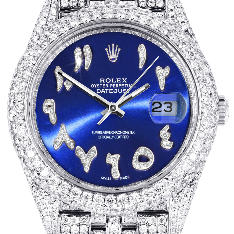 Womens Diamond Iced Out Rolex Datejust 41 | 25 Carats Of Diamonds | Custom Blue Arabic Numeral Diamond Dial | Two Row | Jubilee Band