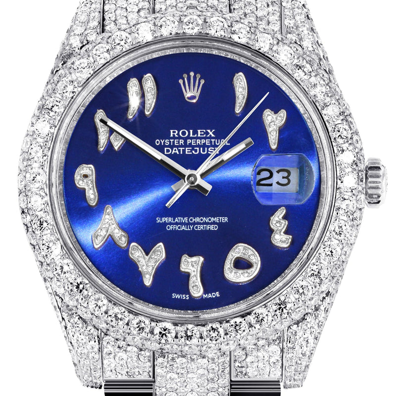 Diamond Iced Out Rolex Datejust 41 | 25 Carats Of Diamonds | Custom Blue Arabic Numeral Diamond Dial | Two Row | Oyster Band