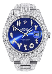 Womens Diamond Iced Out Rolex Datejust 41 | 25 Carats Of Diamonds | Custom Blue Arabic Numeral Diamond Dial | Two Row | Oyster Band