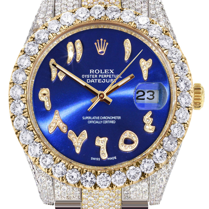 Womens Diamond Iced Out Rolex Datejust 41 | 25 Carats Of Diamonds | Custom Blue Arabic Numeral Diamond Dial | Two Row | Oyster Band