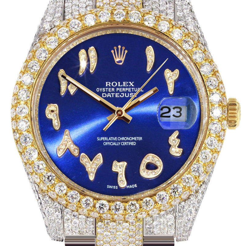 Diamond Iced Out Rolex Datejust 41 | 25 Carats Of Diamonds | Custom Blue Arabic Numeral Diamond Dial | Two Tone | Two Row |  Oyster Band